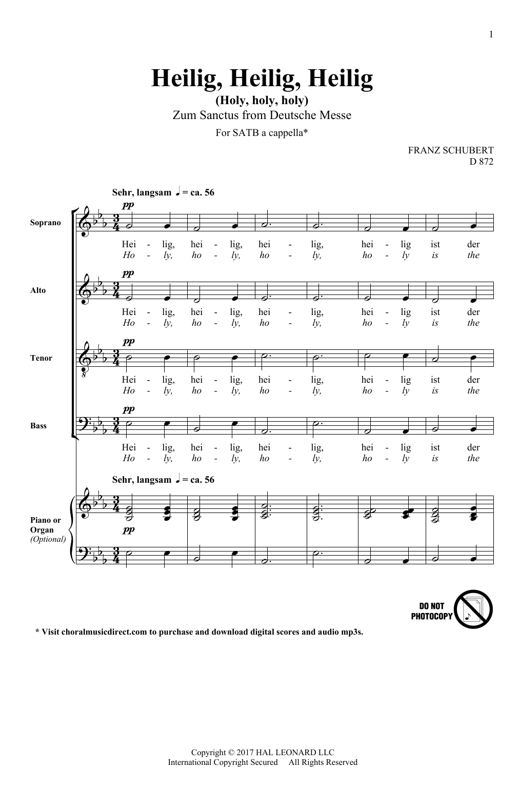 Franz Schubert Heilig, Heilig, Heilig (Holy, Holy, Holy) sheet music notes and chords arranged for SATB Choir