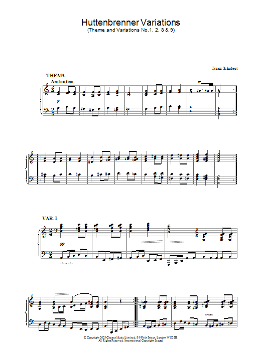 Franz Schubert Huttenbrenner Variations sheet music notes and chords arranged for Piano Solo