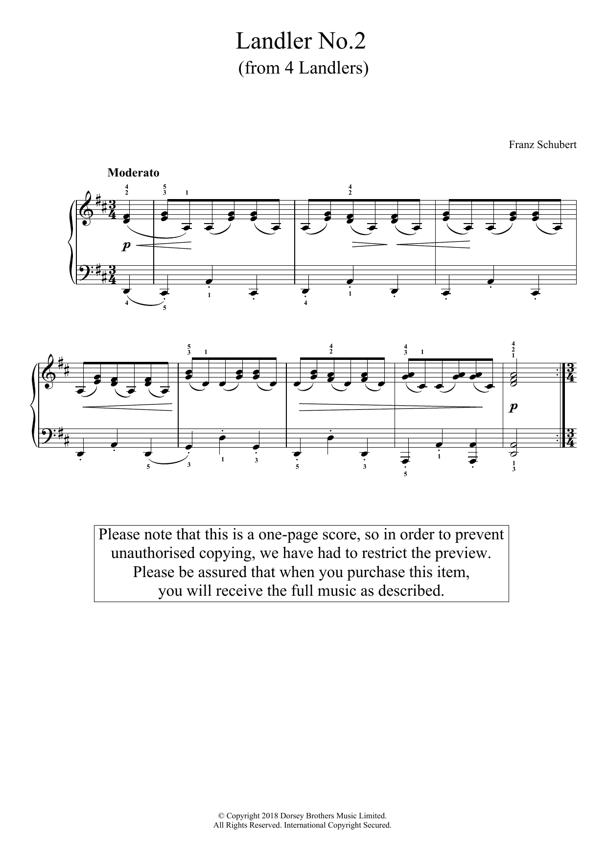 Franz Schubert Landler No. 2 (from 'Four Landlers') sheet music notes and chords arranged for Piano Solo