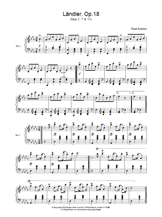 Franz Schubert Ländler, Op. 18 sheet music notes and chords arranged for Piano Solo