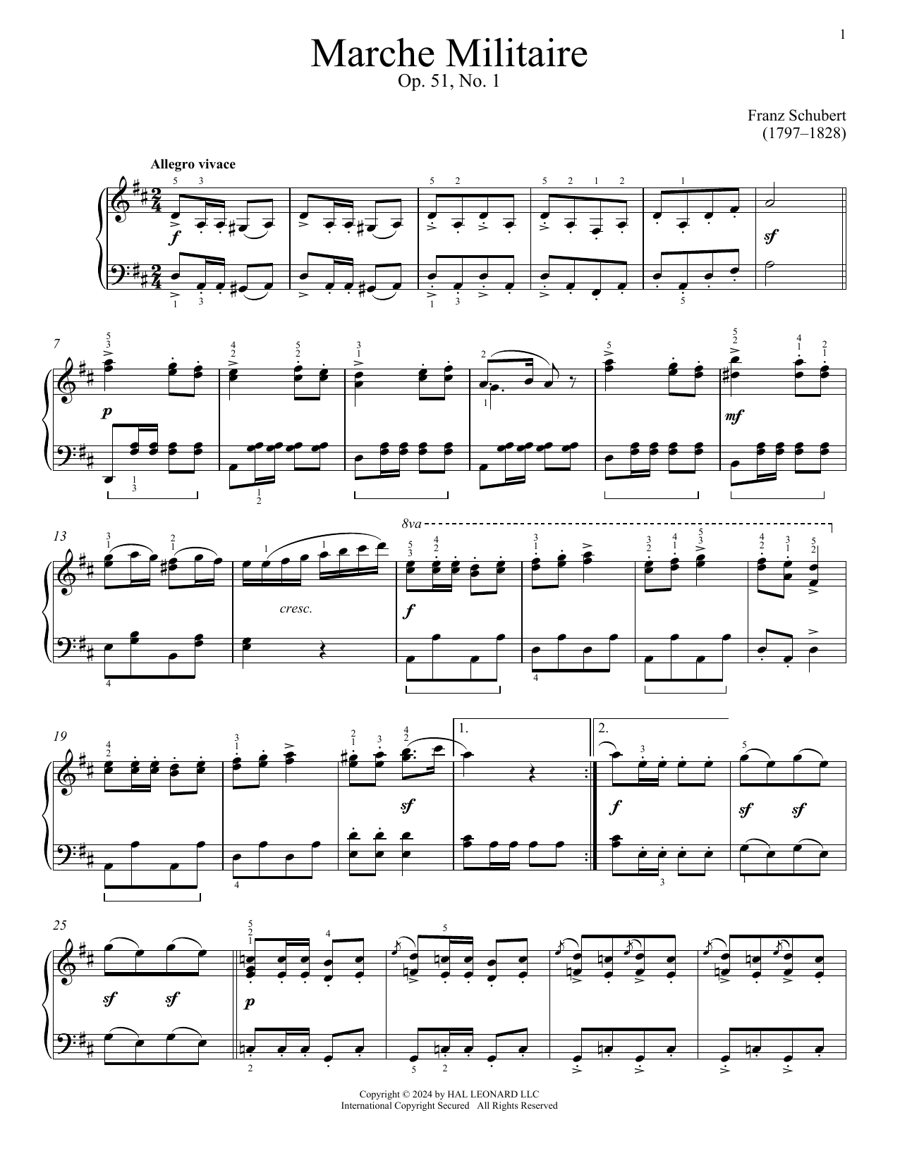 Franz Schubert Marche Militaire, Op. 51, No. 1 sheet music notes and chords arranged for Piano Solo