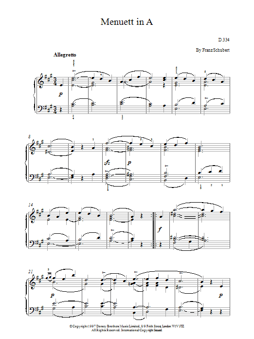 Franz Schubert Menuett In A sheet music notes and chords arranged for Piano Solo