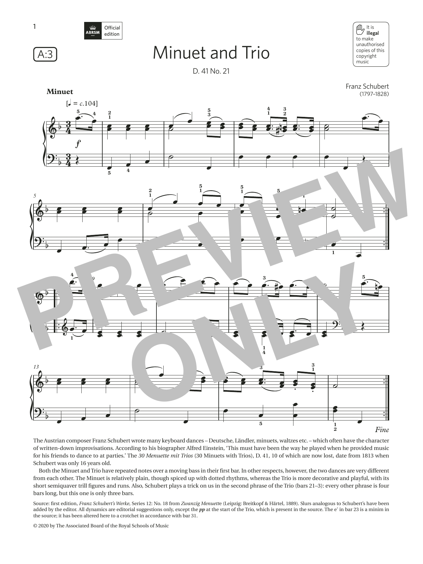Franz Schubert Minuet and Trio (Grade 4, list A3, from the ABRSM Piano Syllabus 2021 & 2022) sheet music notes and chords arranged for Piano Solo