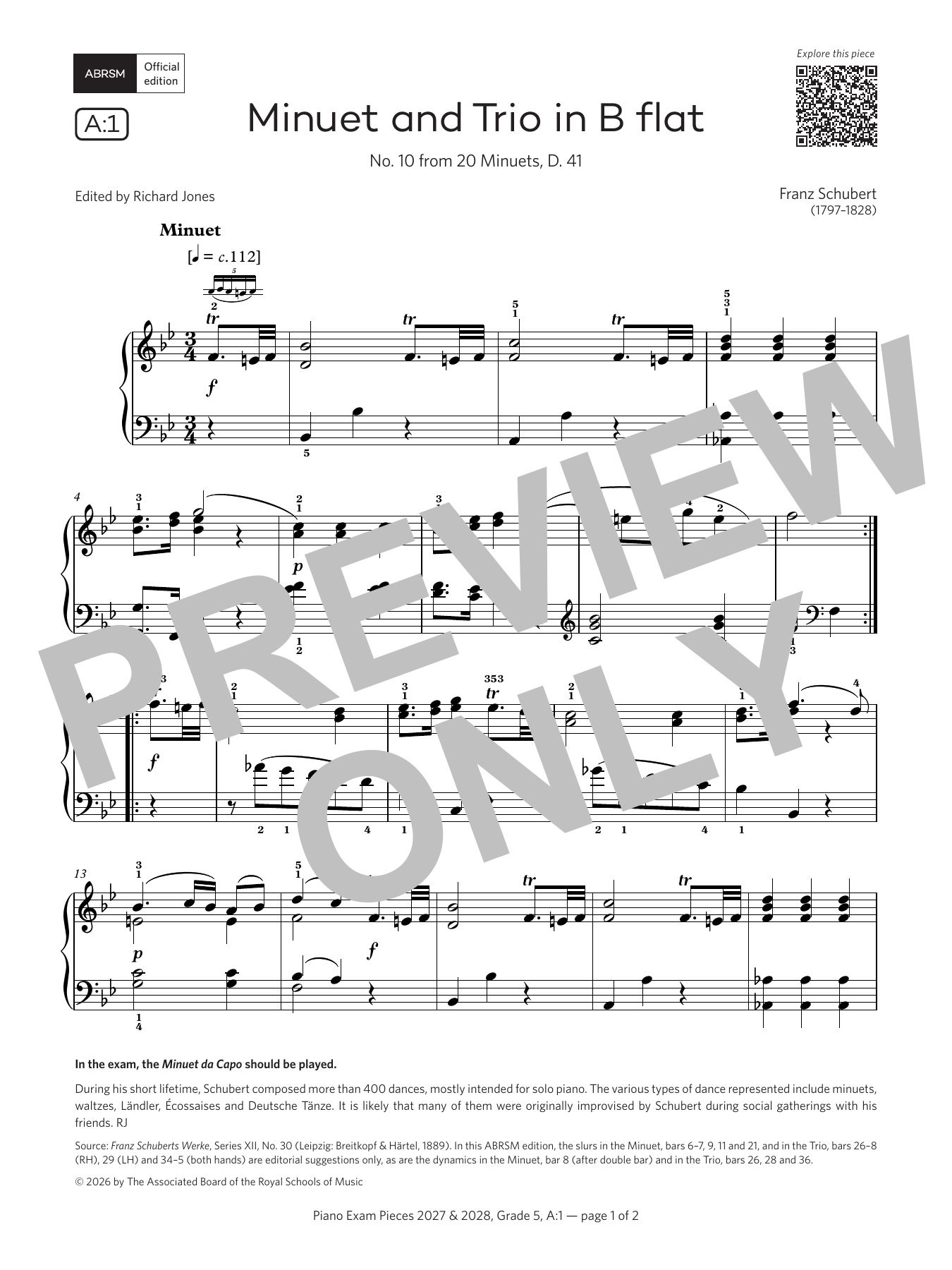 Franz Schubert Minuet and Trio in B Flat (Grade 5, list A1, from the ABRSM Piano Syllabus 2027 & 2028) sheet music notes and chords arranged for Piano Solo