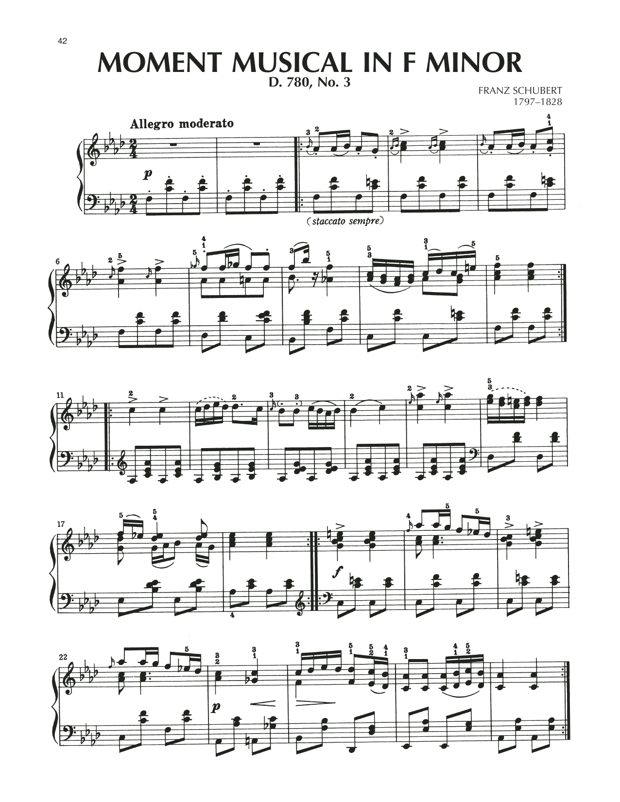 Franz Schubert Moment Musical In F Minor, Op. 94, No. 3 sheet music notes and chords arranged for Piano Solo