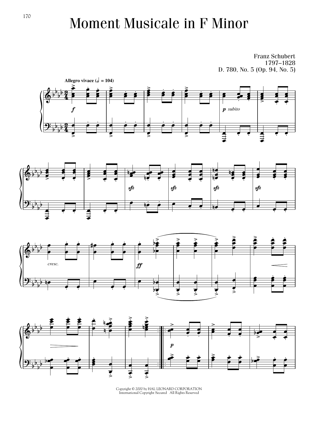 Franz Schubert Moment Musical In F Minor, Op. 94, No. 5 sheet music notes and chords arranged for Piano Solo