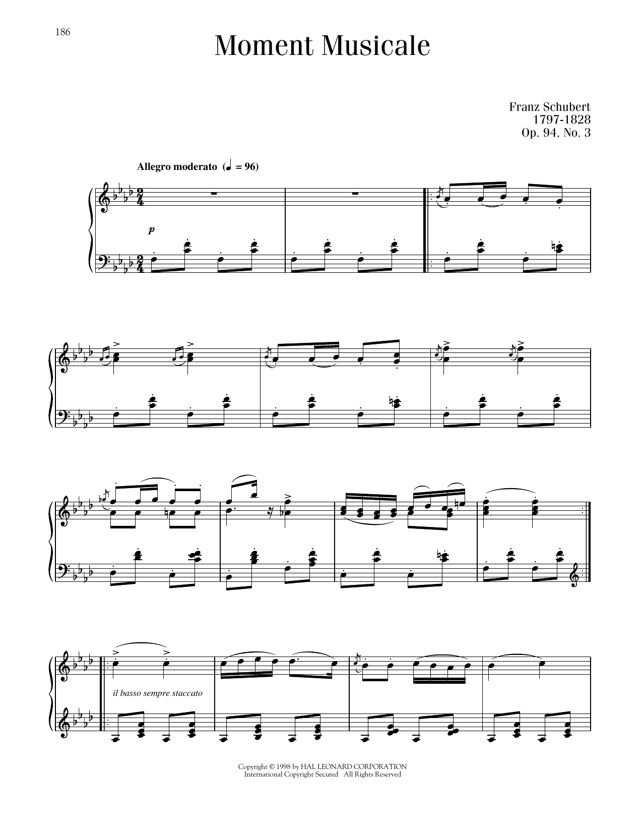 Franz Schubert Moment Musicale, Op. 94, No. 3 sheet music notes and chords arranged for Piano Solo