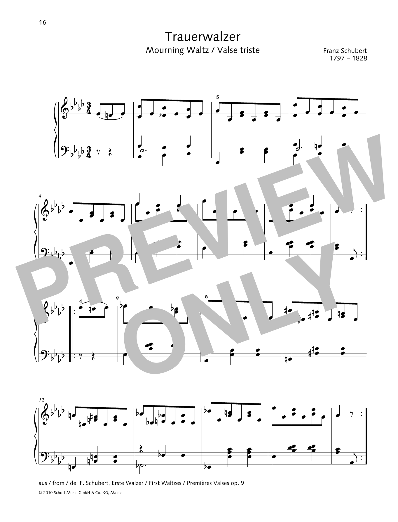 Franz Schubert Mourning Waltz sheet music notes and chords arranged for Piano Solo