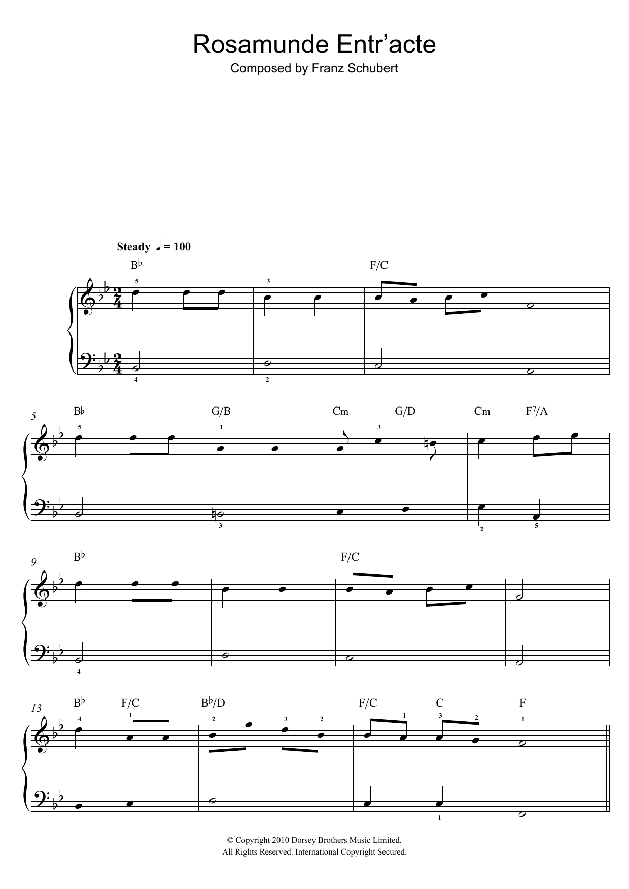 Franz Schubert Rosamunde Entr'acte sheet music notes and chords arranged for Beginner Piano