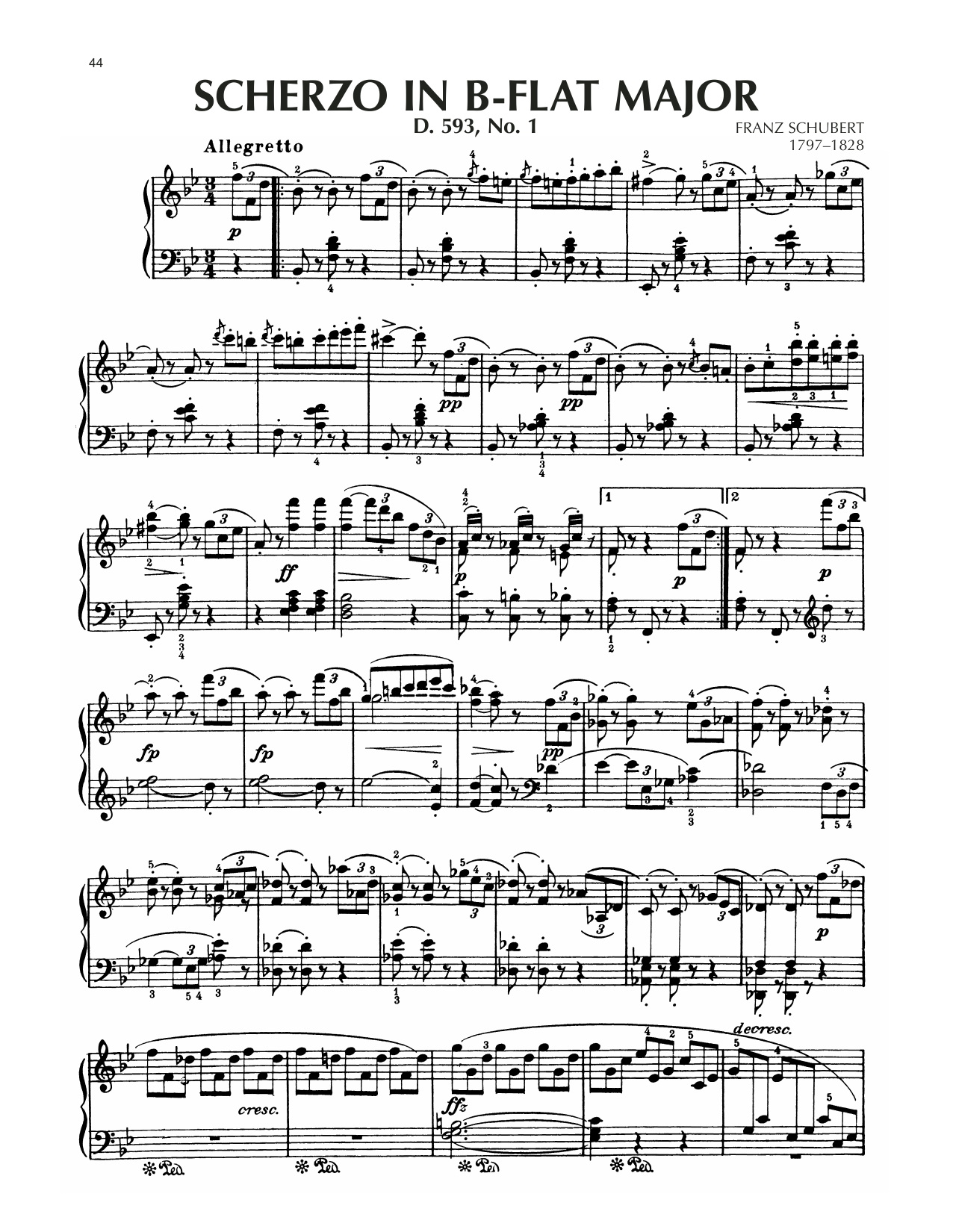 Franz Schubert Scherzo In B-Flat Major, D. 593, No. 1 sheet music notes and chords arranged for Piano Solo