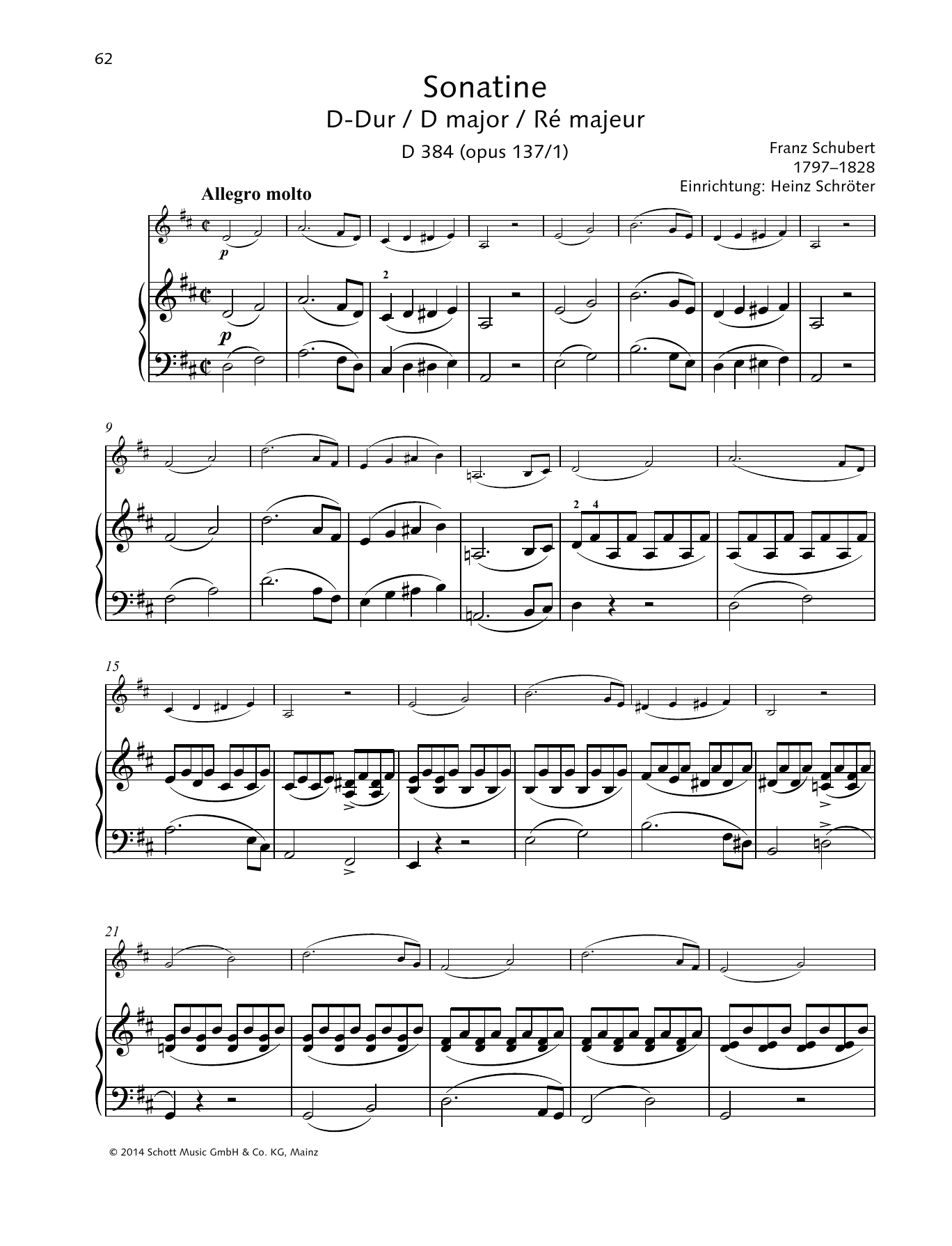 Franz Schubert Sonatina D major sheet music notes and chords arranged for String Solo