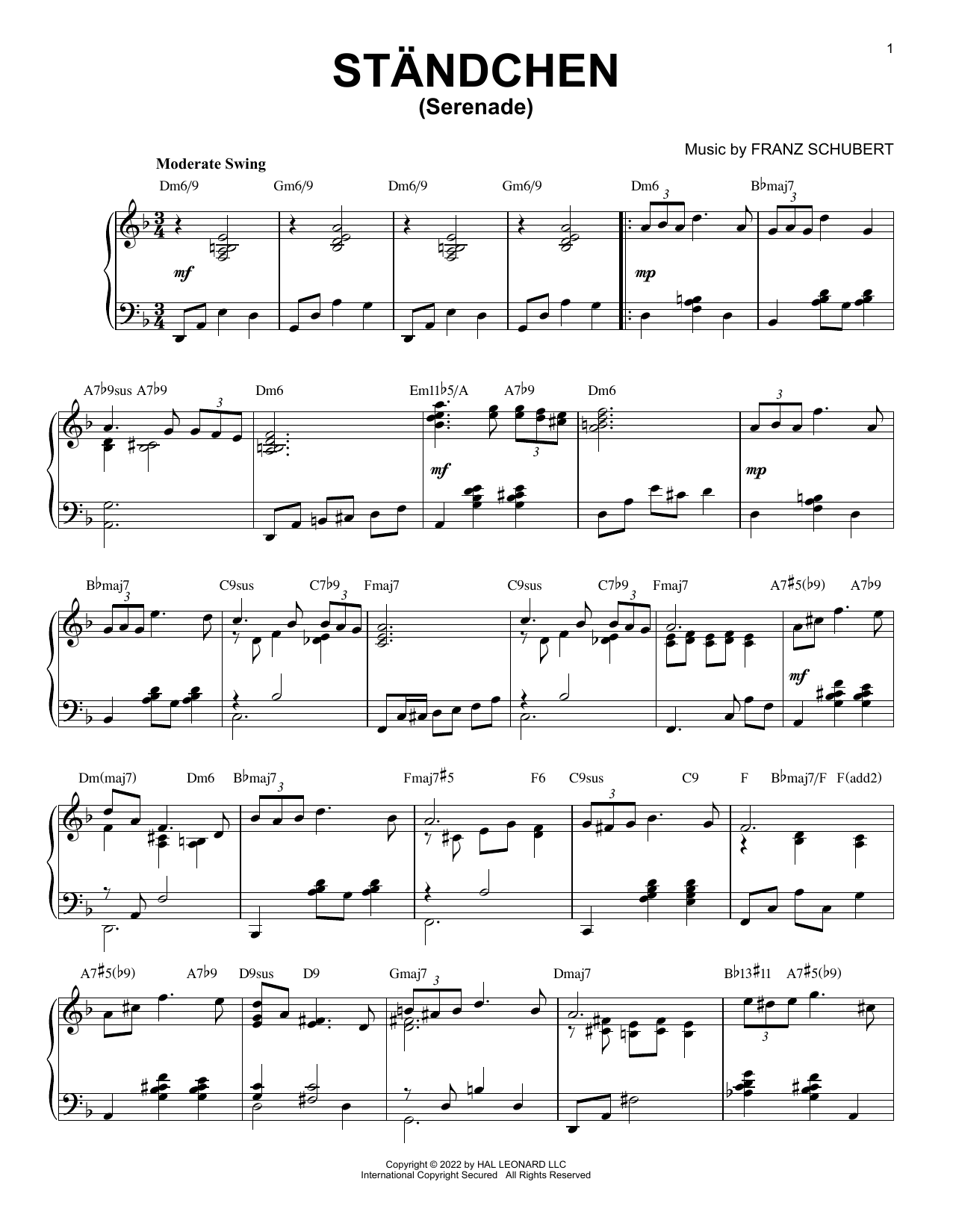 Franz Schubert Standchen [Jazz version] (arr. Brent Edstrom) sheet music notes and chords arranged for Piano Solo