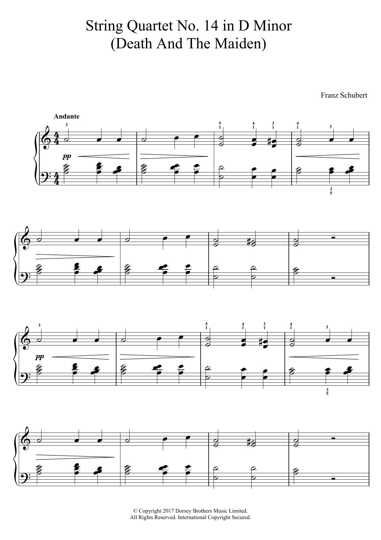 Franz Schubert String Quartet No. 14 in D Minor (Death And The Maiden) sheet music notes and chords arranged for Easy Piano