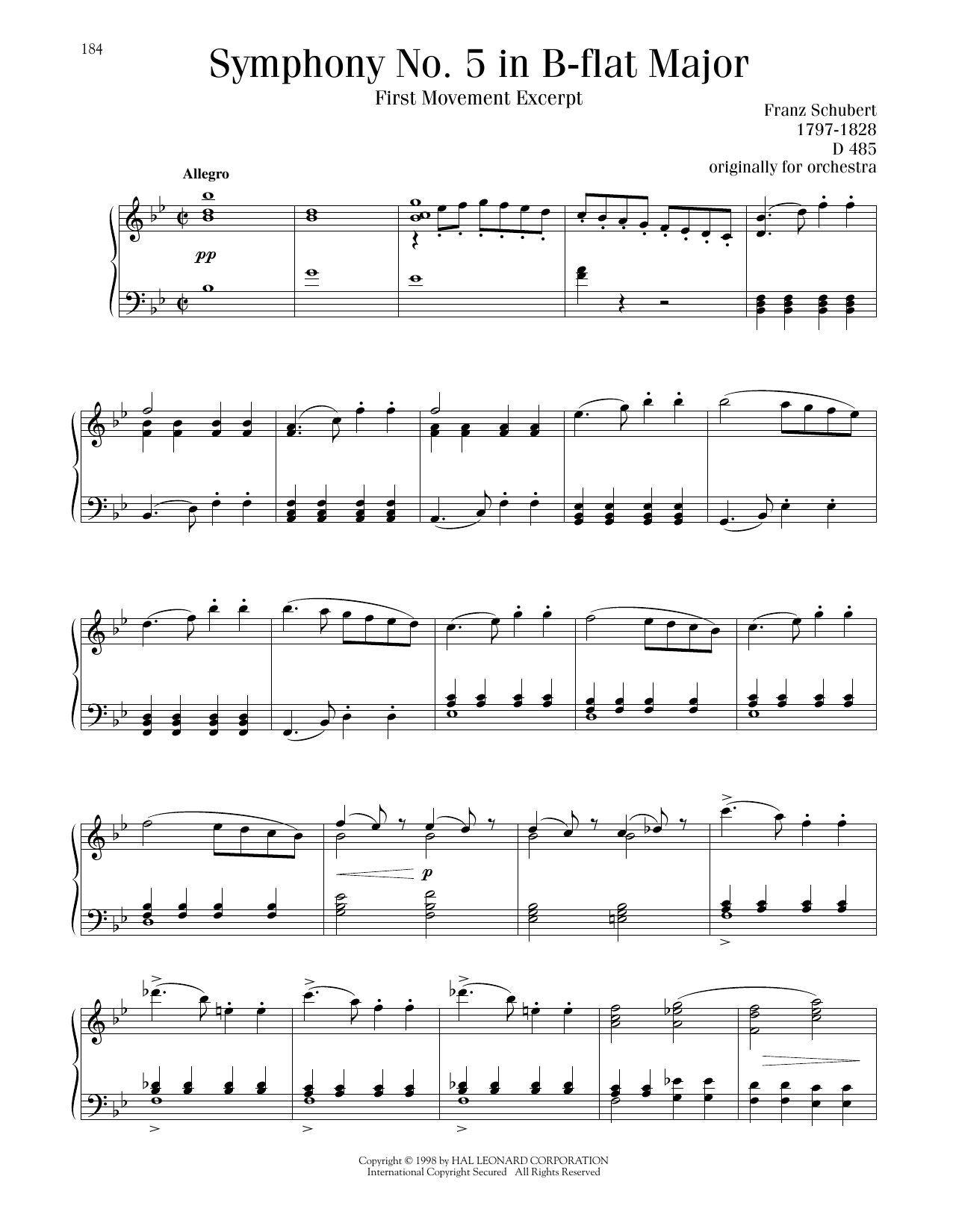 Franz Schubert Symphony No. 5 in B-flat Major, First Movement Excerpt sheet music notes and chords arranged for Piano Solo