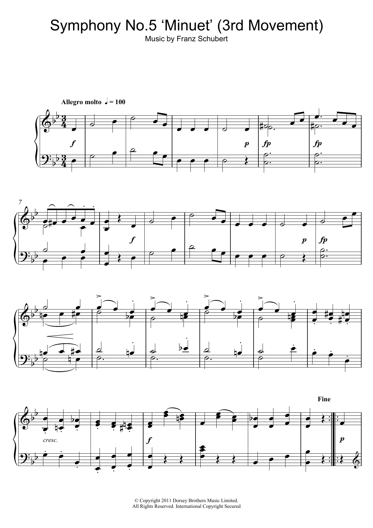 Franz Schubert Symphony No.5 in B Flat Major - 3rd Movement: Minuet - Allegro molto sheet music notes and chords arranged for Piano Solo