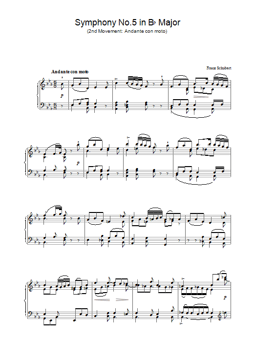 Franz Schubert Symphony No.5 in Bb Major - 2nd Movement: Andante con moto sheet music notes and chords arranged for Piano Solo