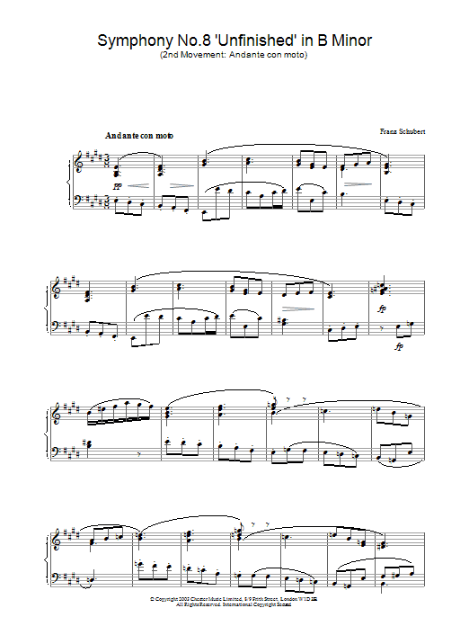 Franz Schubert Symphony No.8 'Unfinished' in B Minor - 2nd Movement: Andante con moto sheet music notes and chords arranged for Piano Solo