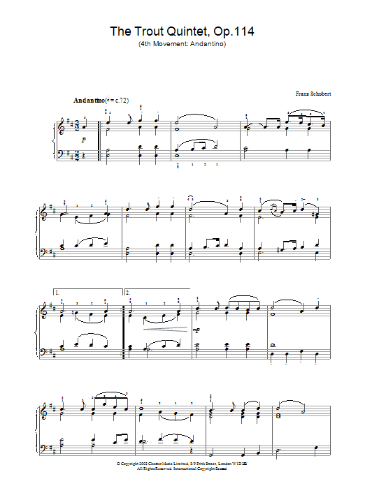 Franz Schubert The Trout Quintet - 4th Movement: Andantino sheet music notes and chords arranged for Piano Solo