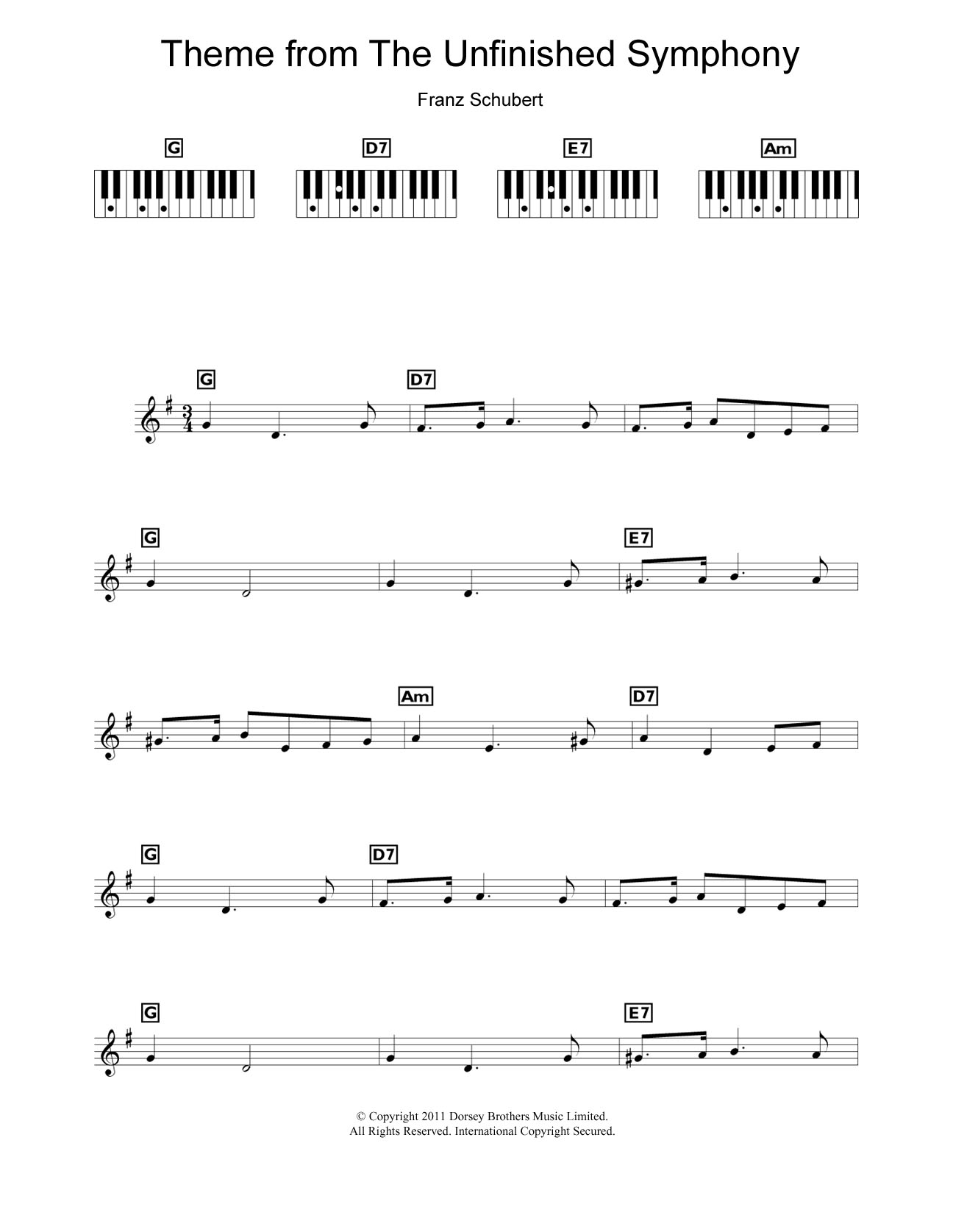 Franz Schubert Theme From The Unfinished Symphony sheet music notes and chords arranged for Beginner Piano