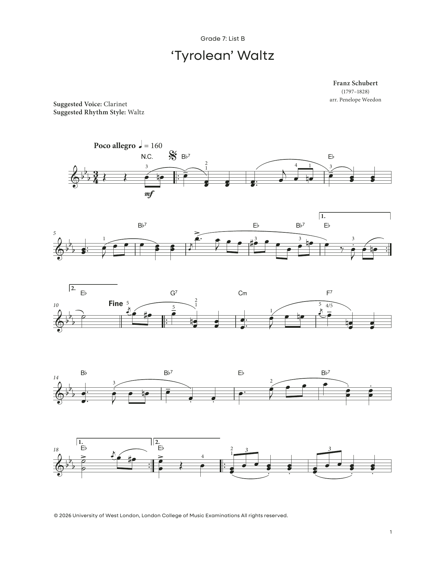 Franz Schubert Tyrolean Waltz (from LCME Electronic Keyboard Grade 7 List B) sheet music notes and chords arranged for Piano Solo