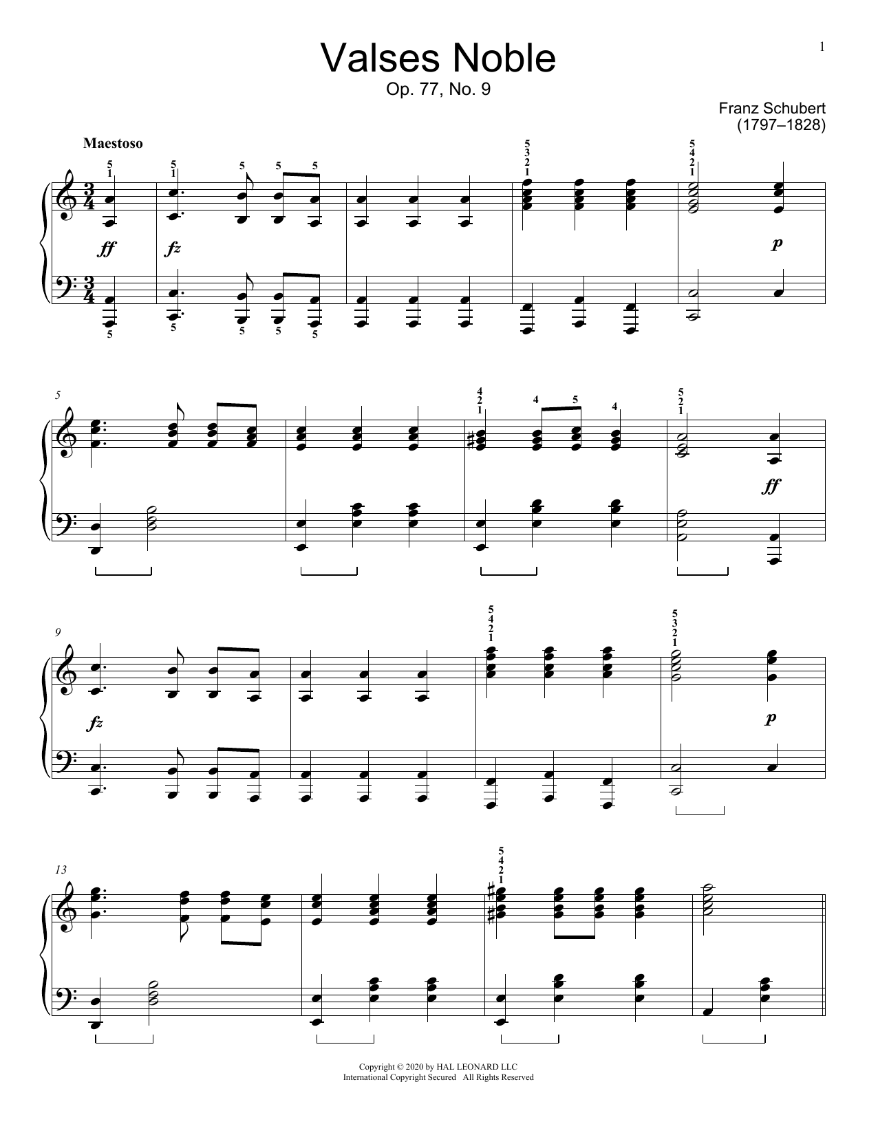 Franz Schubert Valses Noble, Op. 77, No. 9 sheet music notes and chords arranged for Educational Piano