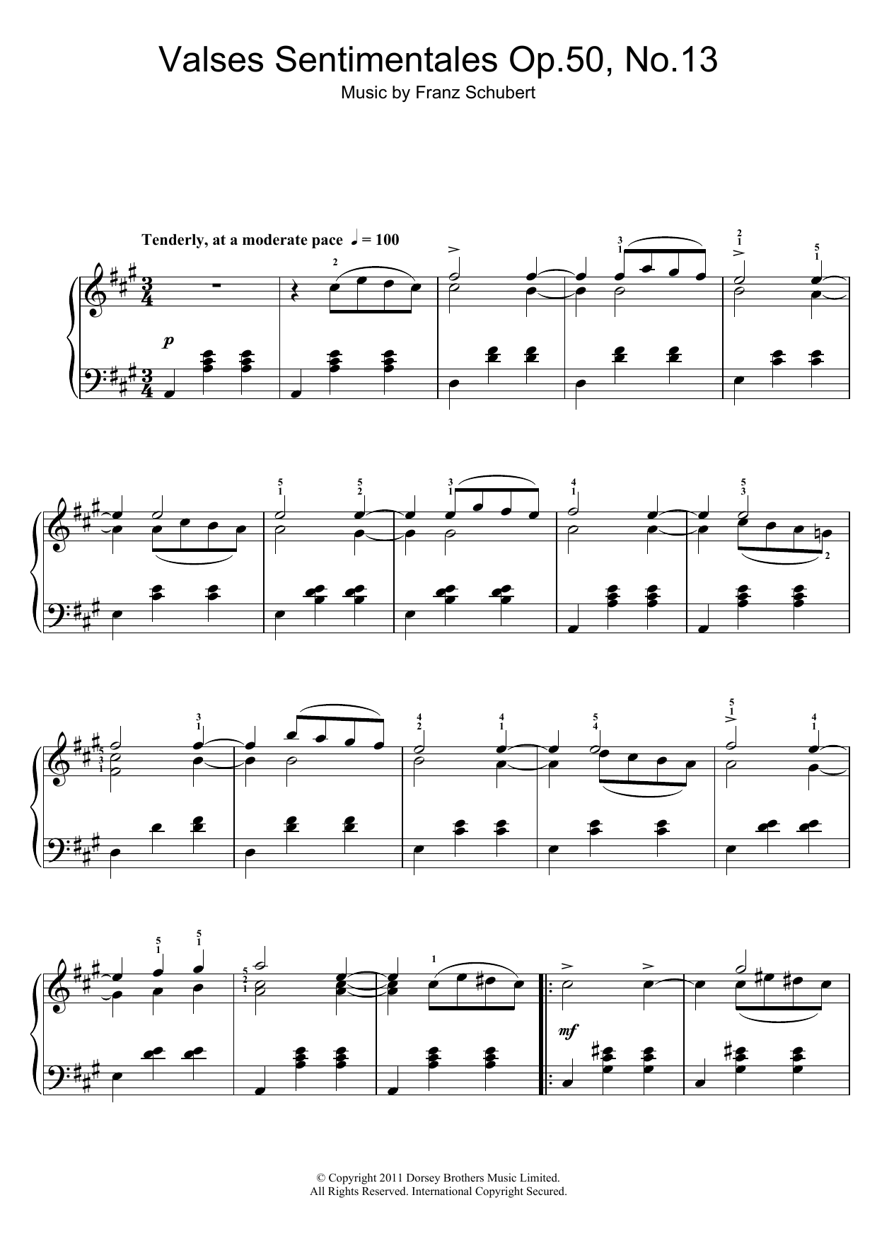 Franz Schubert Valses Sentimentales, Op.50 No.13 sheet music notes and chords arranged for Piano Solo