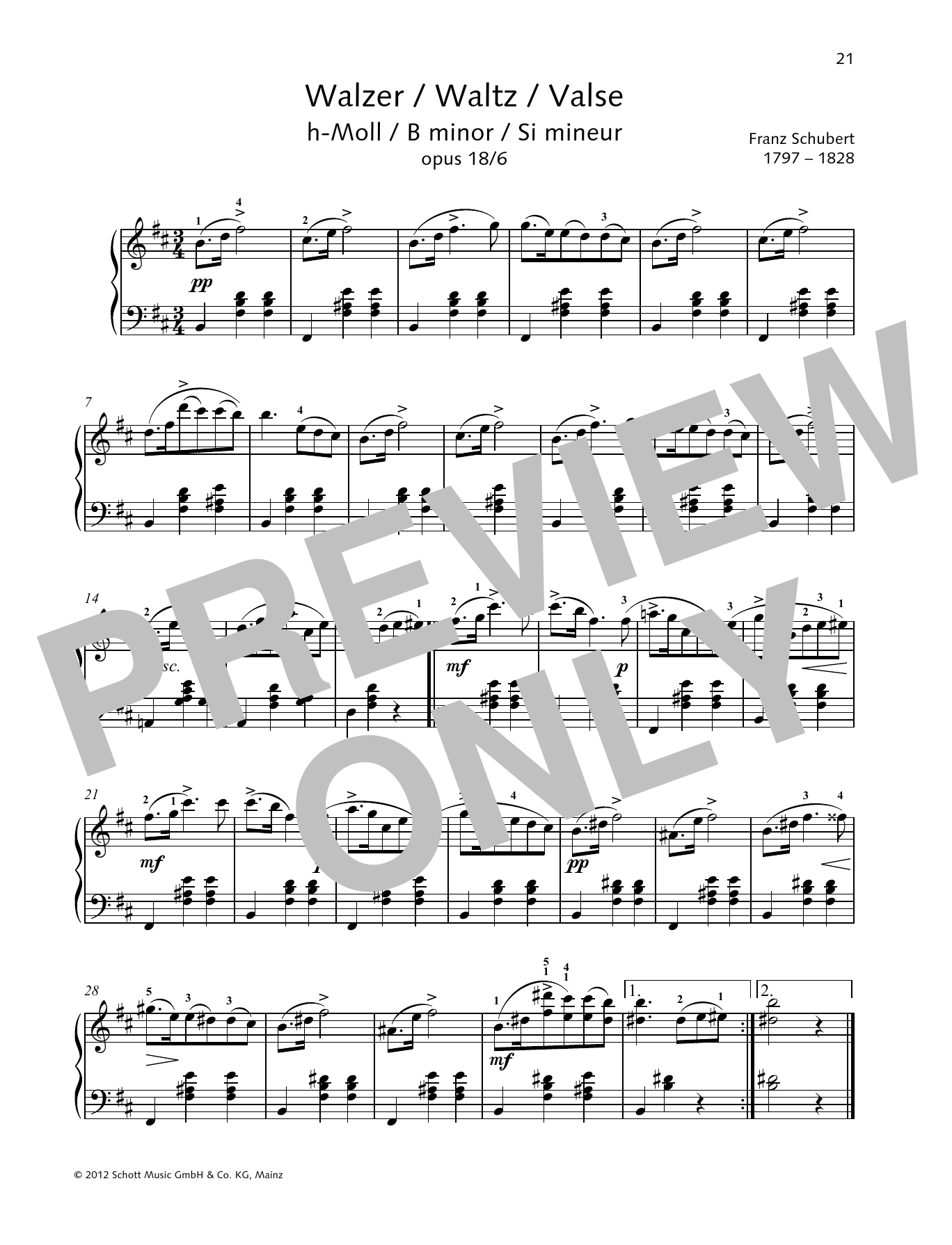 Franz Schubert Waltz B Minor sheet music notes and chords arranged for Piano Solo