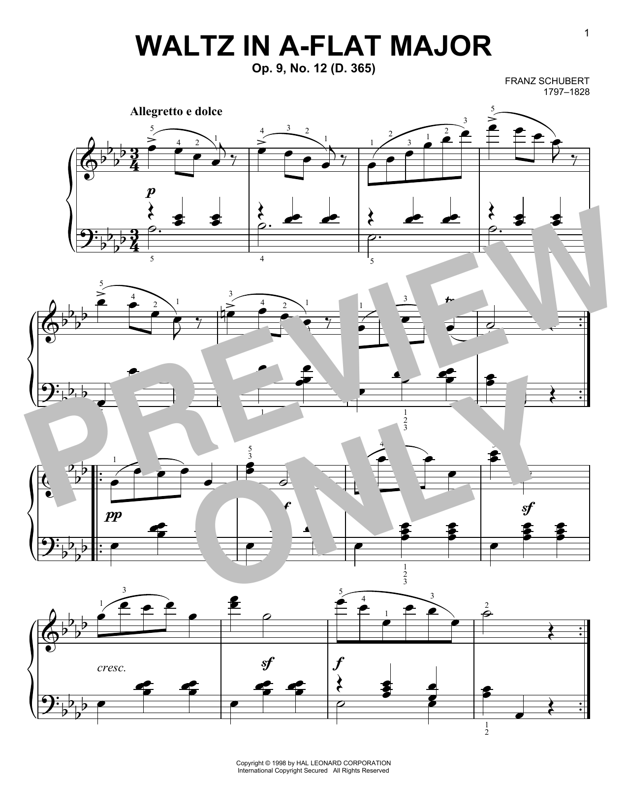 Franz Schubert Waltz In A-Flat Major, Op. 9, No. 12 sheet music notes and chords arranged for Easy Piano