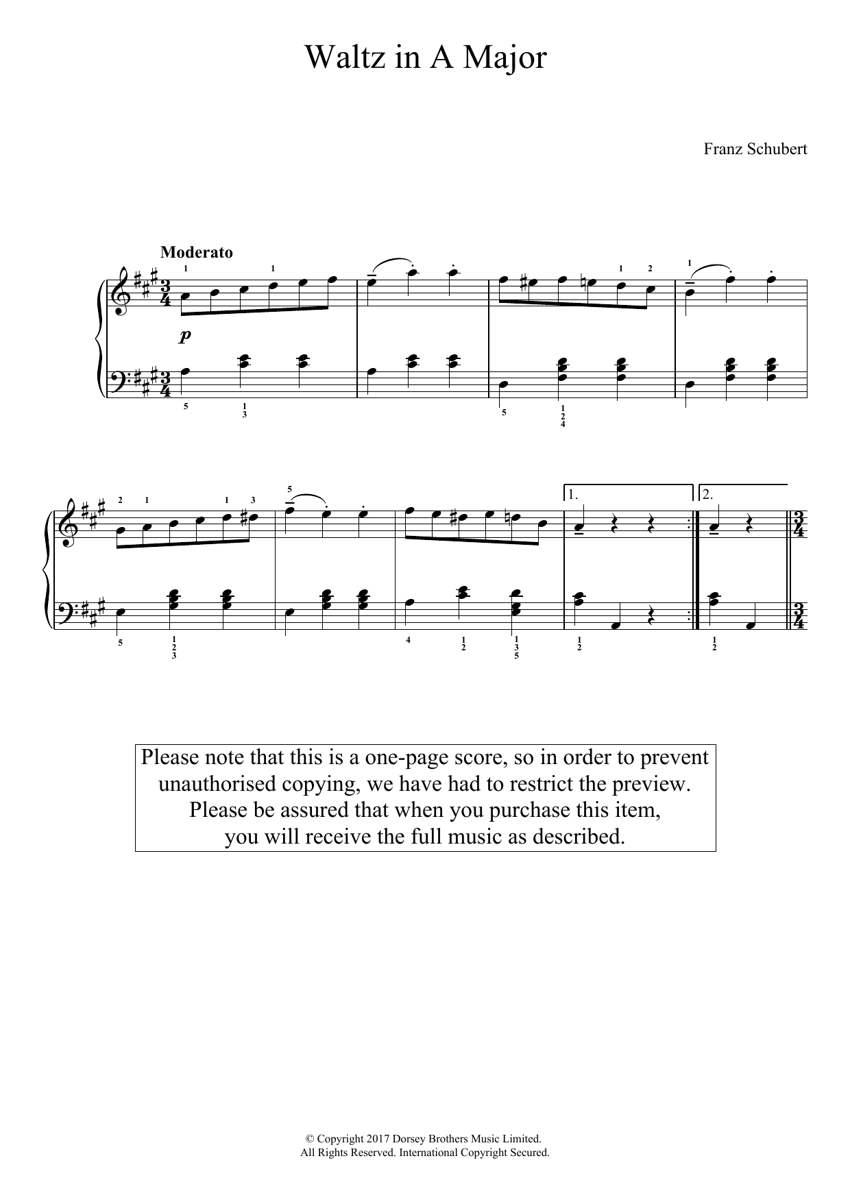 Franz Schubert Waltz In A Major sheet music notes and chords arranged for Easy Piano