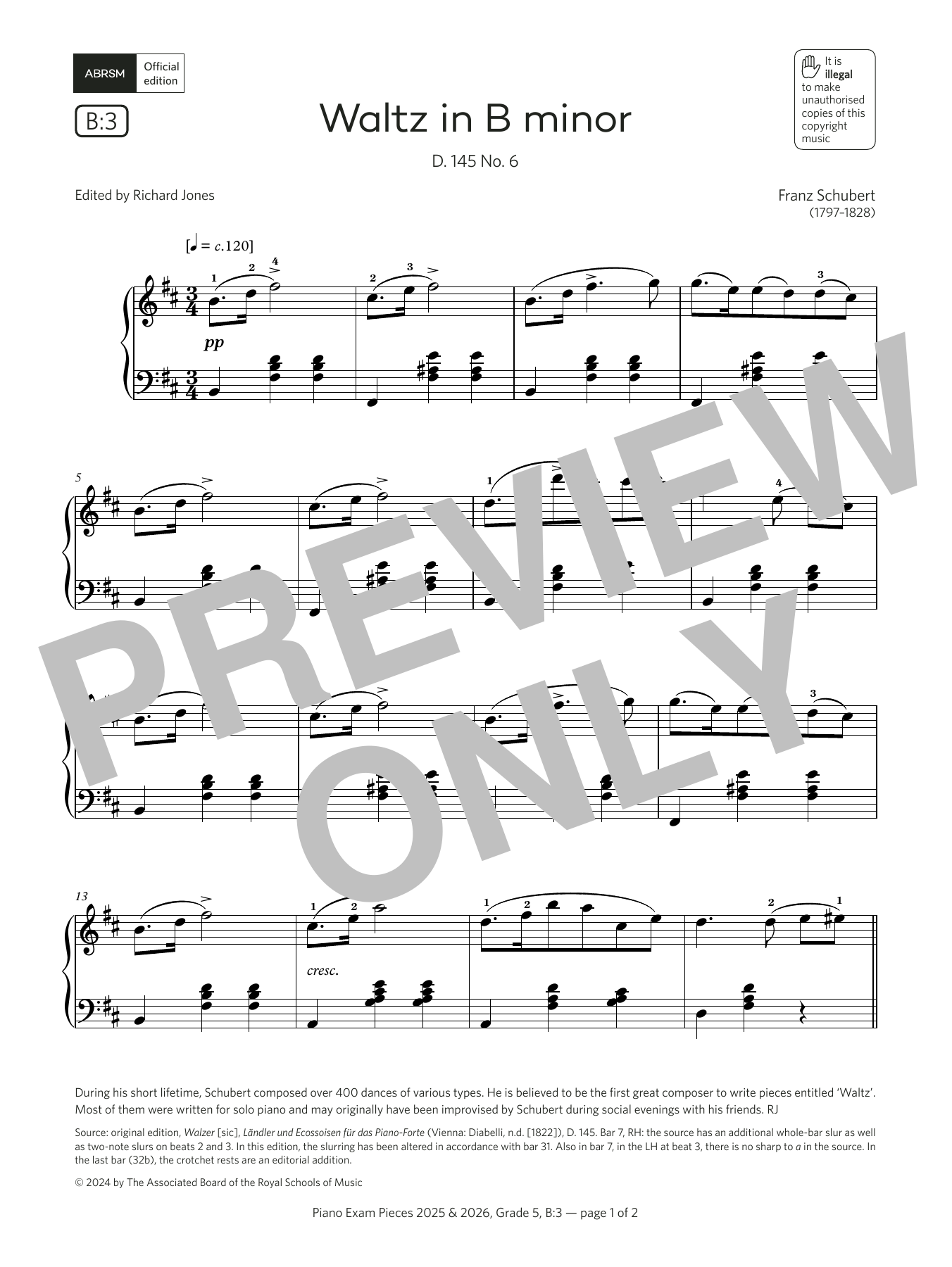 Franz Schubert Waltz in B minor (Grade 5, list B3, from the ABRSM Piano Syllabus 2025 & 2026) sheet music notes and chords arranged for Piano Solo