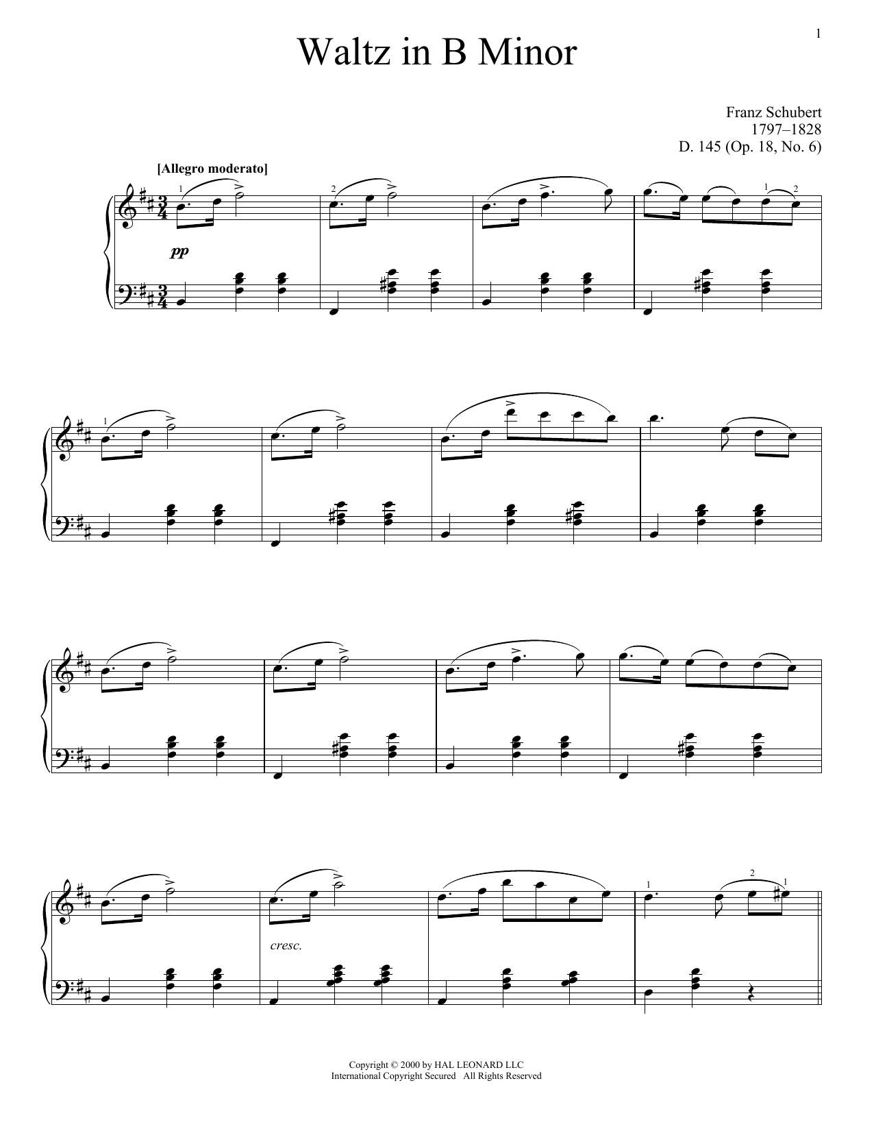 Franz Schubert Waltz In B Minor, Op. 18, No. 6 sheet music notes and chords arranged for Piano Solo
