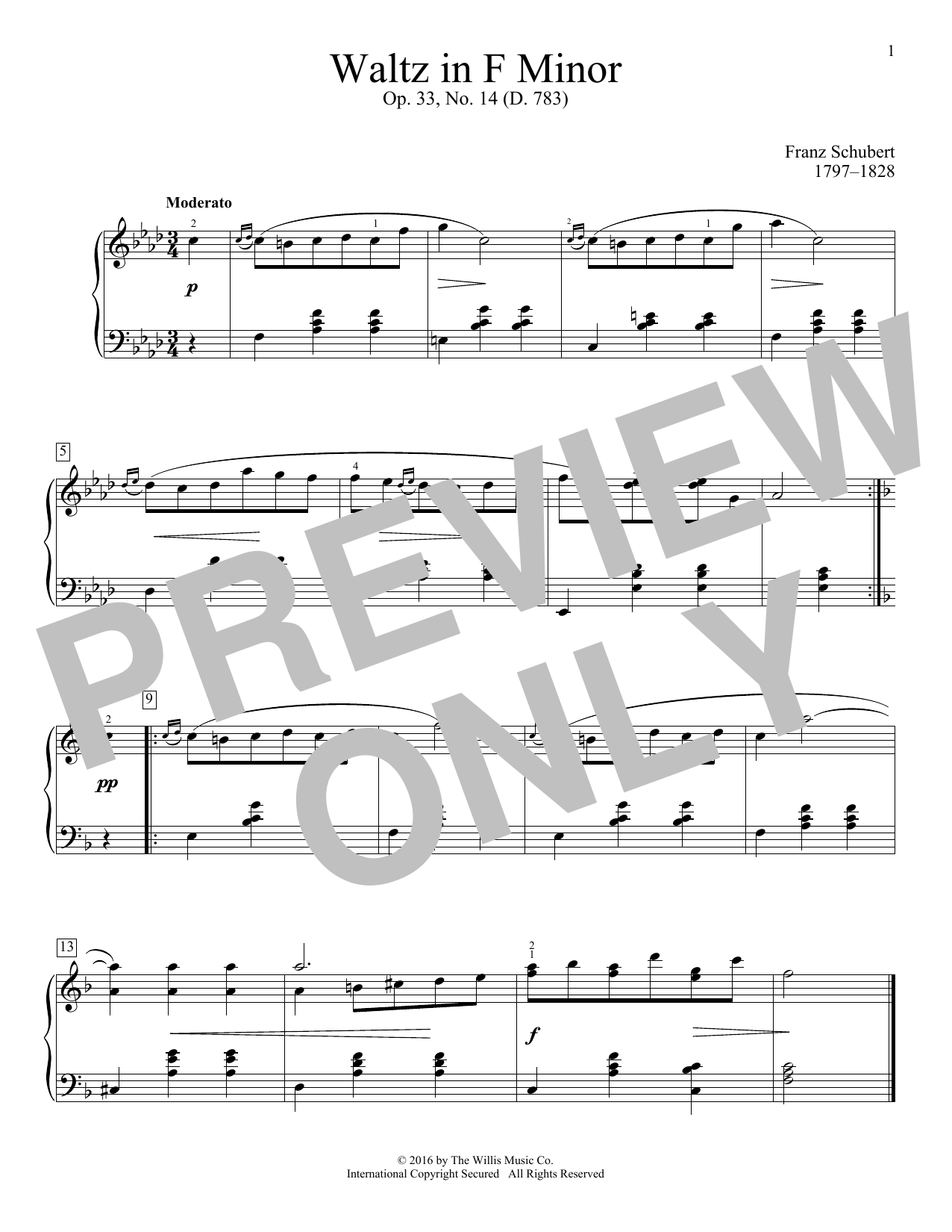 Franz Schubert Waltz In F Minor, Op. 33, No. 14 (D. 783) sheet music notes and chords arranged for Educational Piano