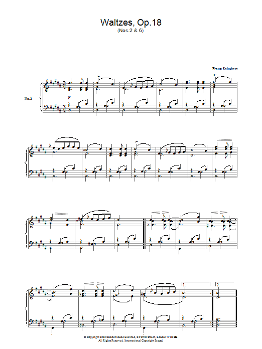 Franz Schubert Waltzes, Op.18 sheet music notes and chords arranged for Piano Solo