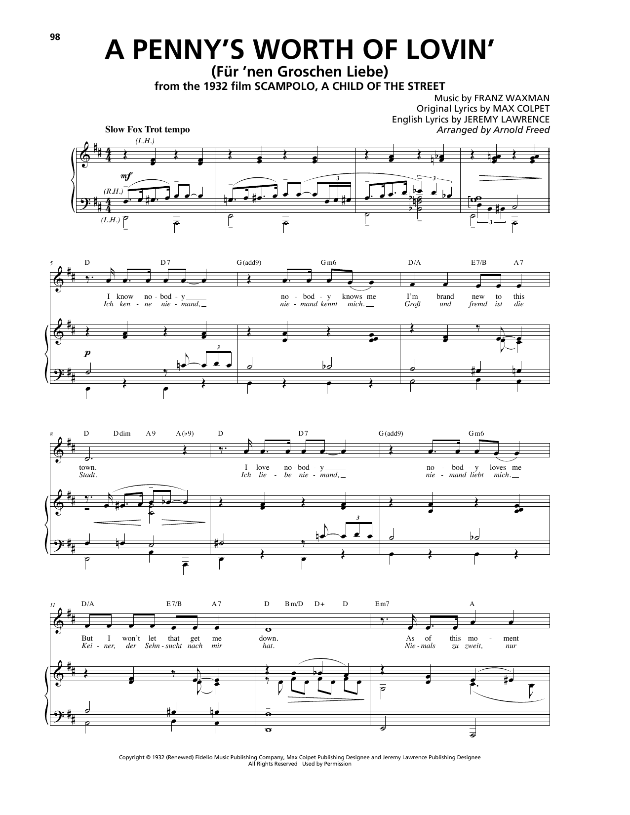 Franz Waxman A Penny's Worth Of Lovin' (Für 'nen Groschen Liebe) sheet music notes and chords arranged for Piano, Vocal & Guitar Chords (Right-Hand Melody)