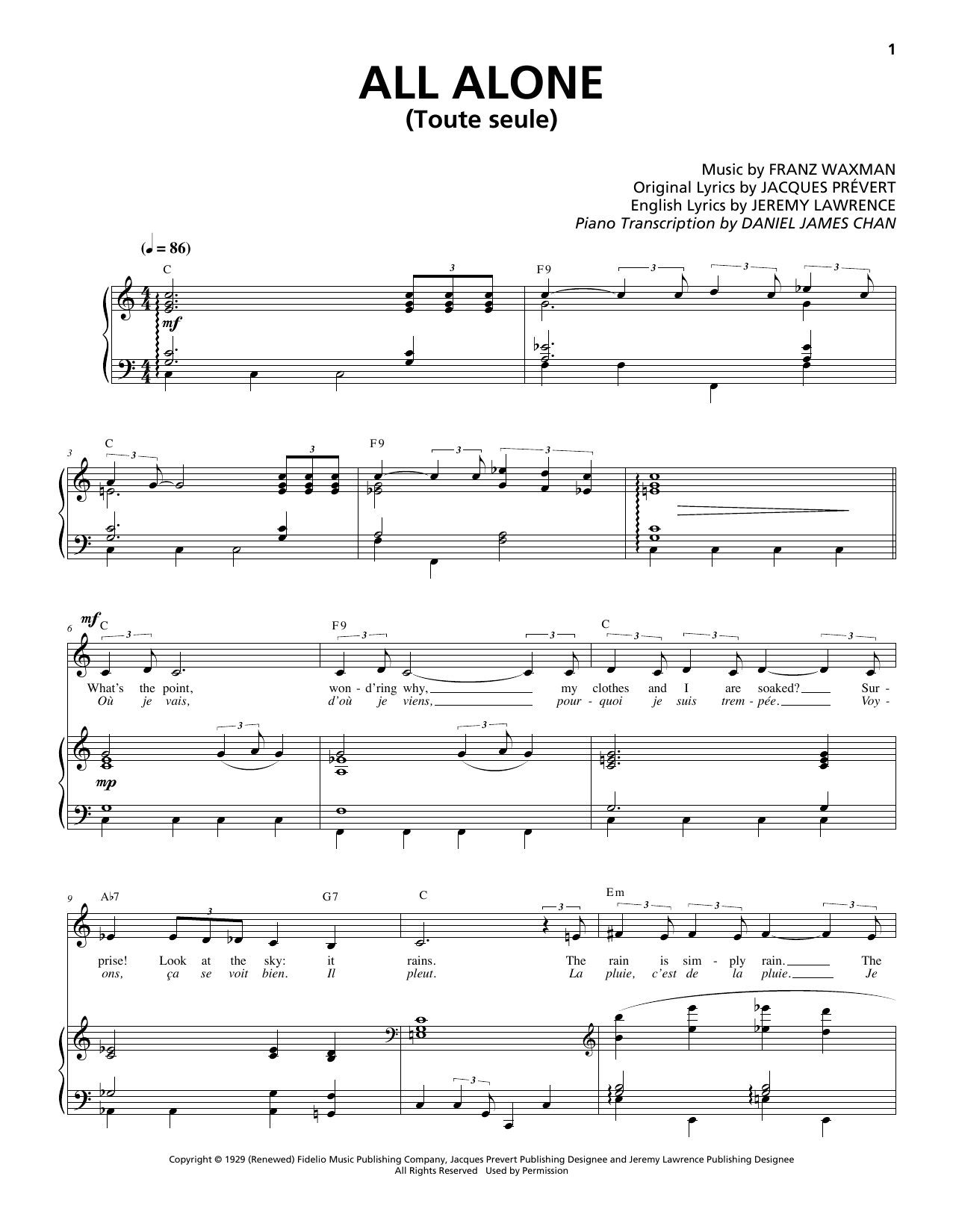 Franz Waxman All Alone (Toute Seule) sheet music notes and chords arranged for Piano & Vocal