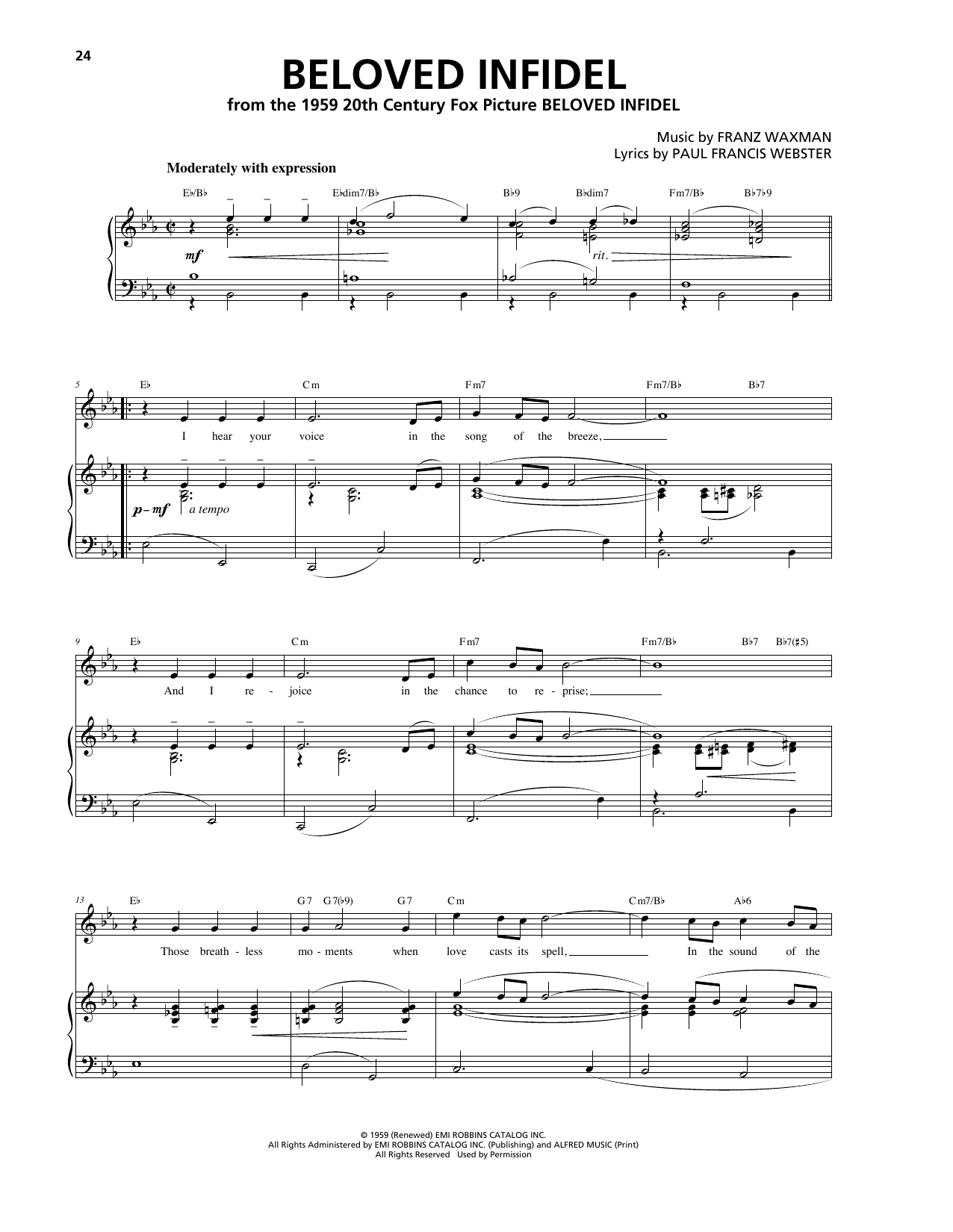 Franz Waxman Beloved Infidel sheet music notes and chords arranged for Piano, Vocal & Guitar Chords (Right-Hand Melody)