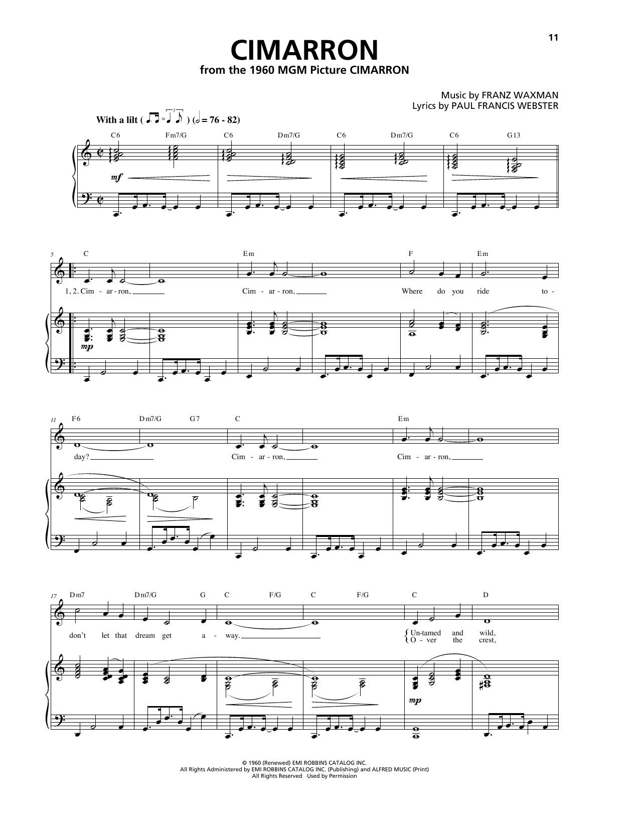 Franz Waxman Cimarron sheet music notes and chords arranged for Piano, Vocal & Guitar Chords (Right-Hand Melody)