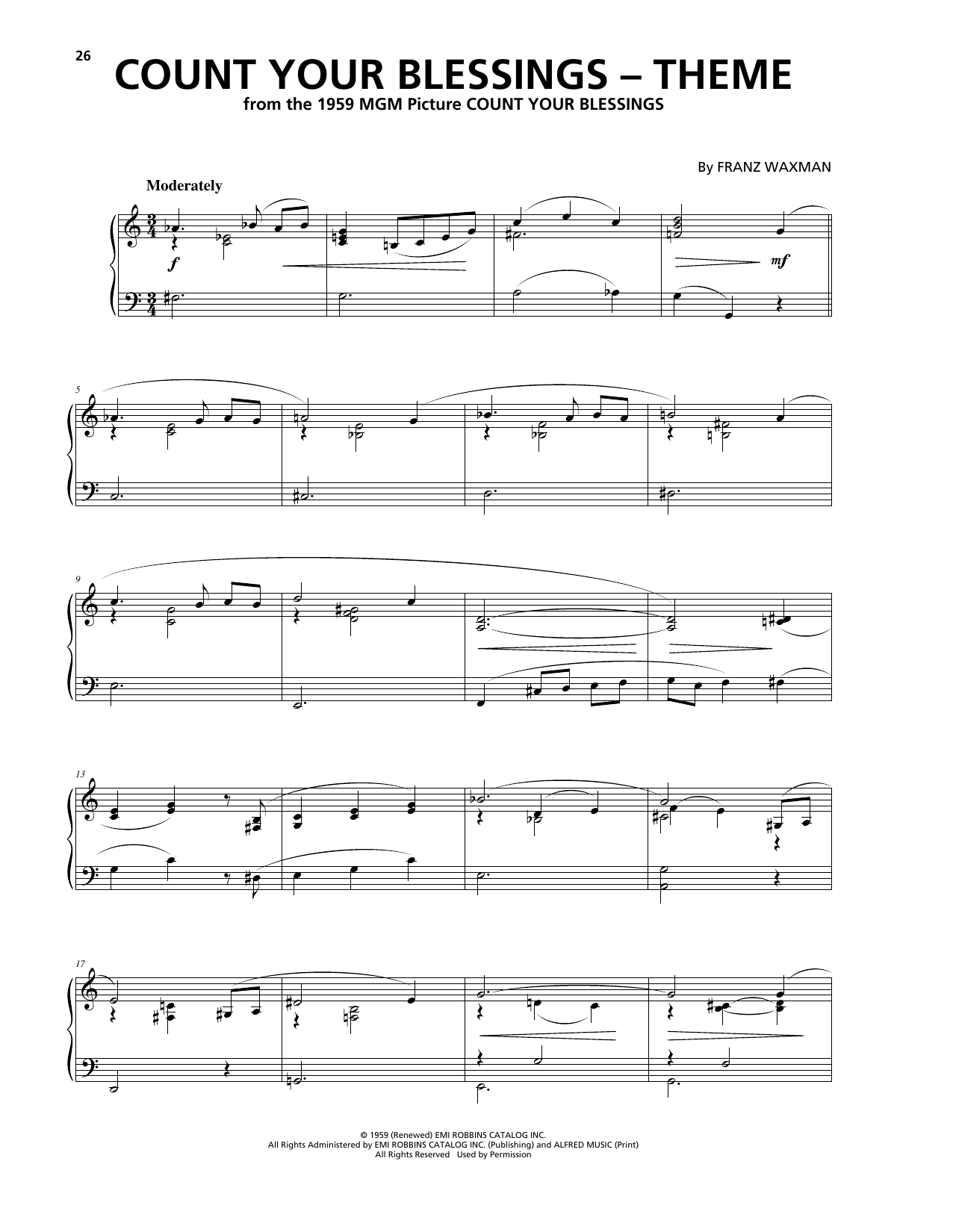 Franz Waxman Count Your Blessings (Theme) sheet music notes and chords arranged for Piano Solo