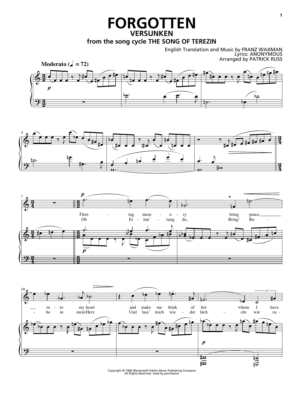Franz Waxman Forgotten (Versunken) sheet music notes and chords arranged for Piano & Vocal