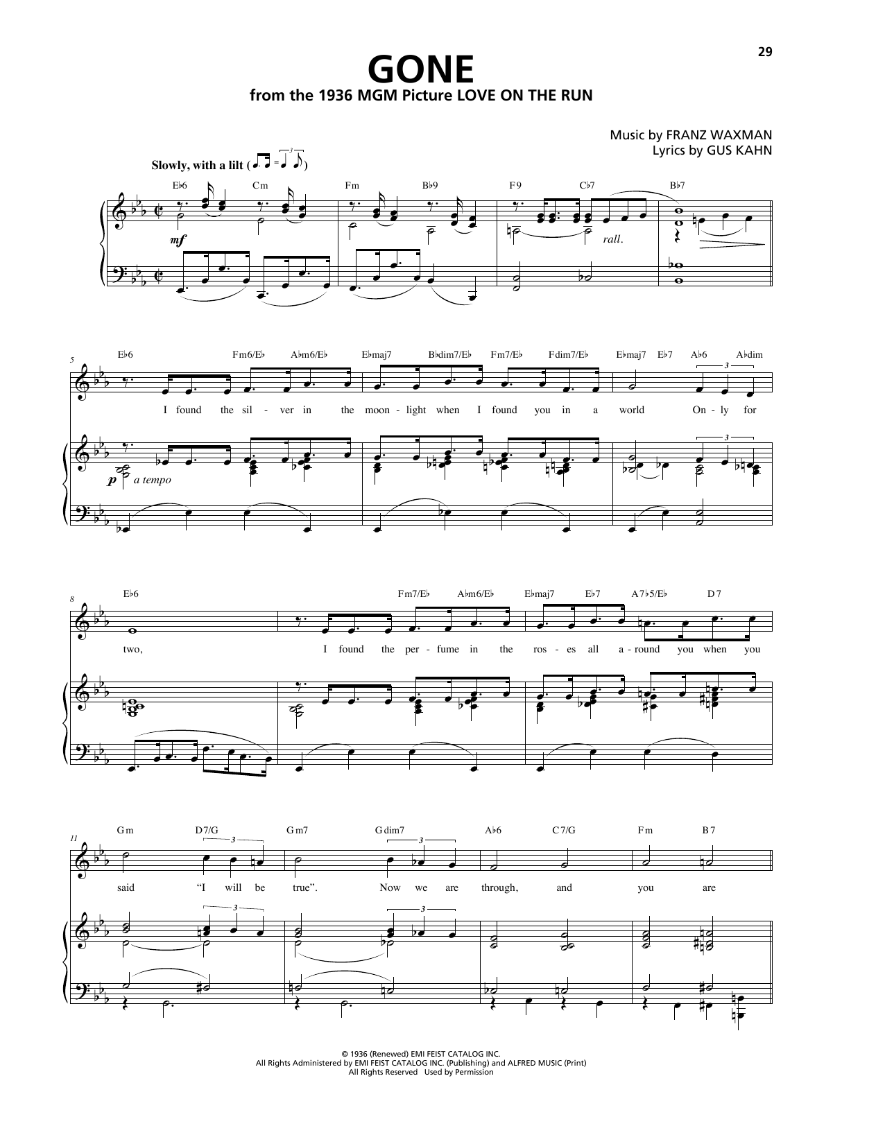 Franz Waxman Gone sheet music notes and chords arranged for Piano, Vocal & Guitar Chords (Right-Hand Melody)