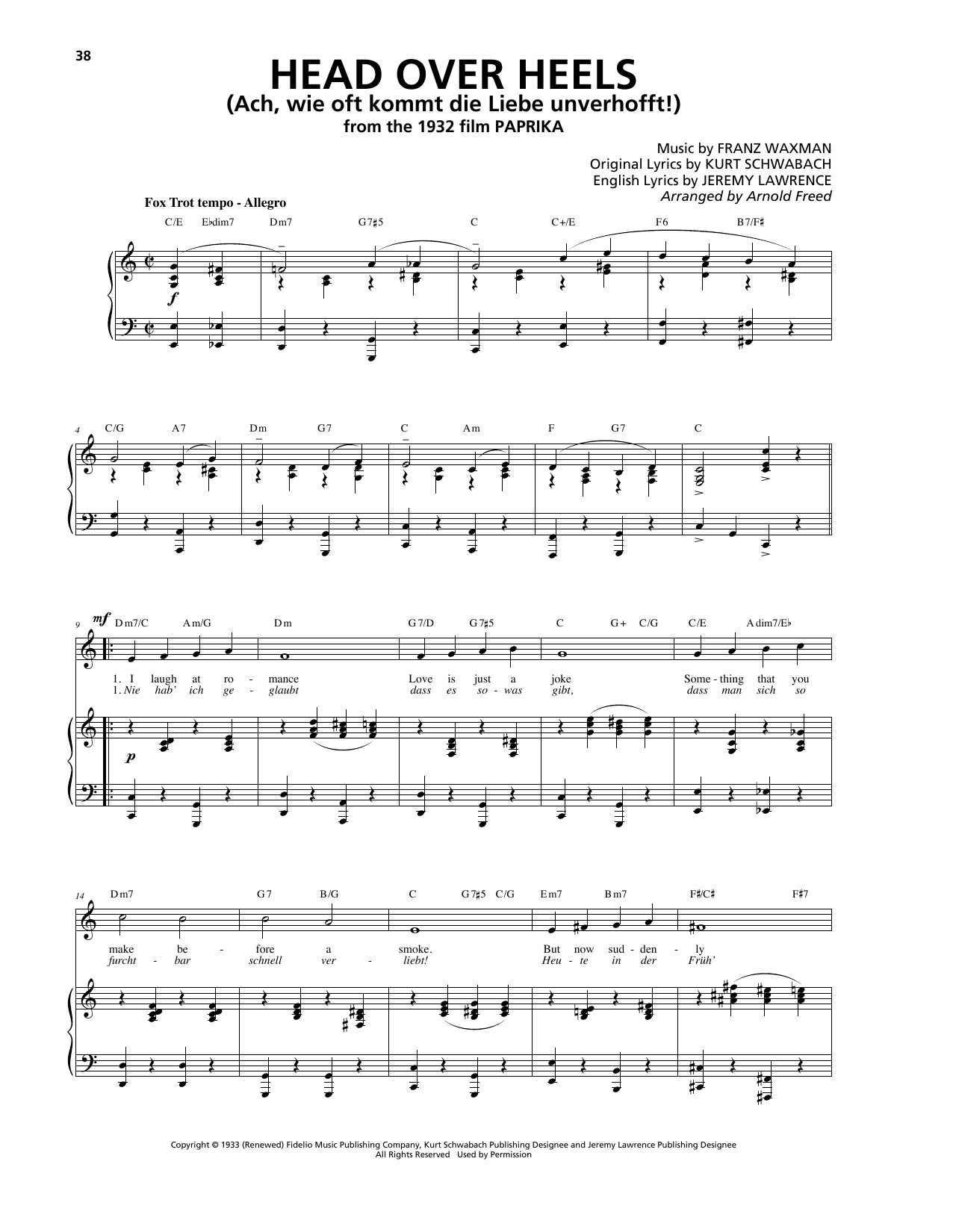 Franz Waxman Head Over Heels (Ach, wie oft kommt die Liebe unverhofft!) sheet music notes and chords arranged for Piano, Vocal & Guitar Chords (Right-Hand Melody)