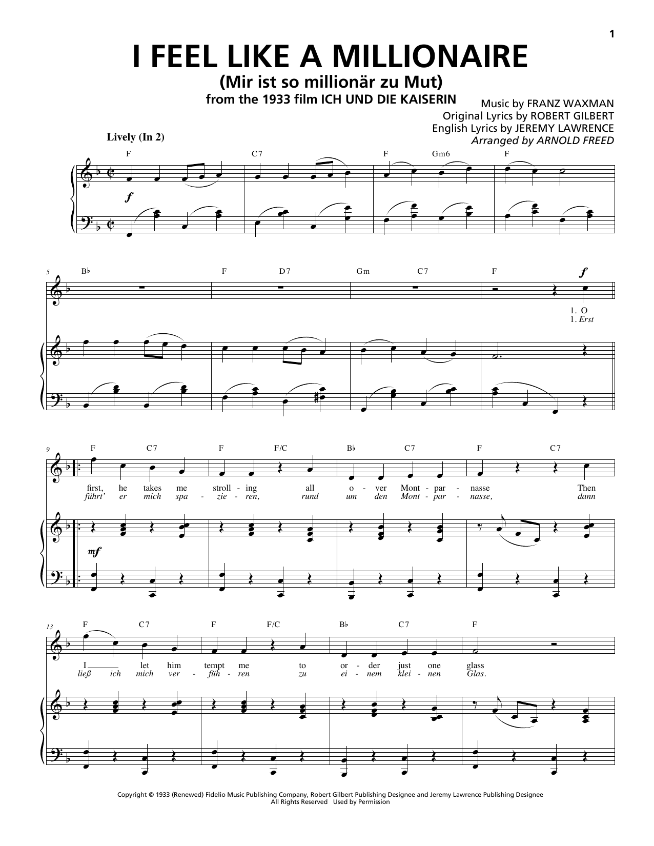 Franz Waxman I Feel Like A Millionaire (Mir ist so millionär zu Mut) sheet music notes and chords arranged for Piano & Vocal