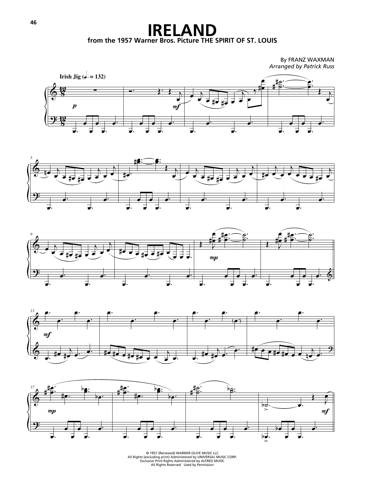 Franz Waxman Ireland (from The Spirit Of St. Louis) sheet music notes and chords arranged for Piano Solo