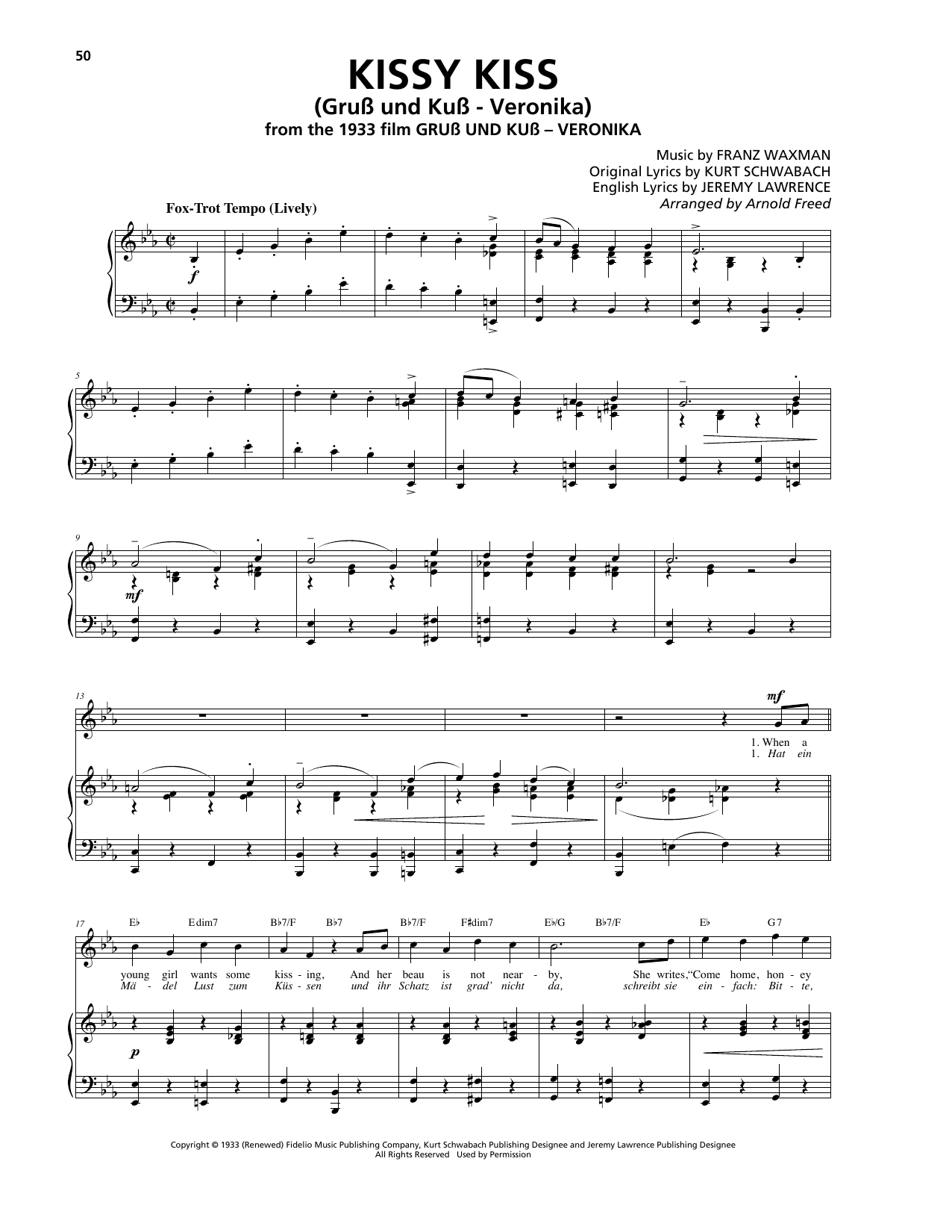 Franz Waxman Kissy Kiss (Gruß und Kuss - Veronica) sheet music notes and chords arranged for Piano, Vocal & Guitar Chords (Right-Hand Melody)