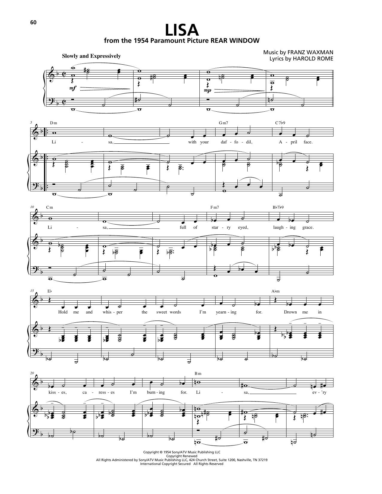 Franz Waxman Lisa sheet music notes and chords arranged for Piano, Vocal & Guitar Chords (Right-Hand Melody)