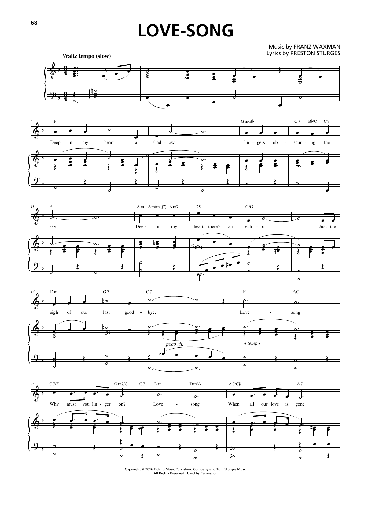 Franz Waxman Love-Song sheet music notes and chords arranged for Piano, Vocal & Guitar Chords (Right-Hand Melody)