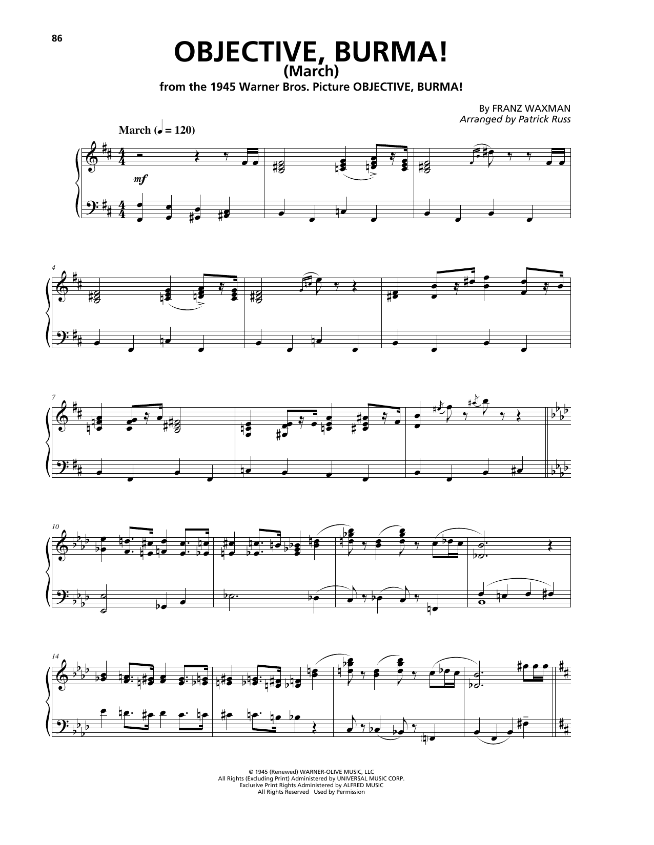 Franz Waxman Objective, Burma! (March) (from Objective, Burma!) sheet music notes and chords arranged for Piano Solo