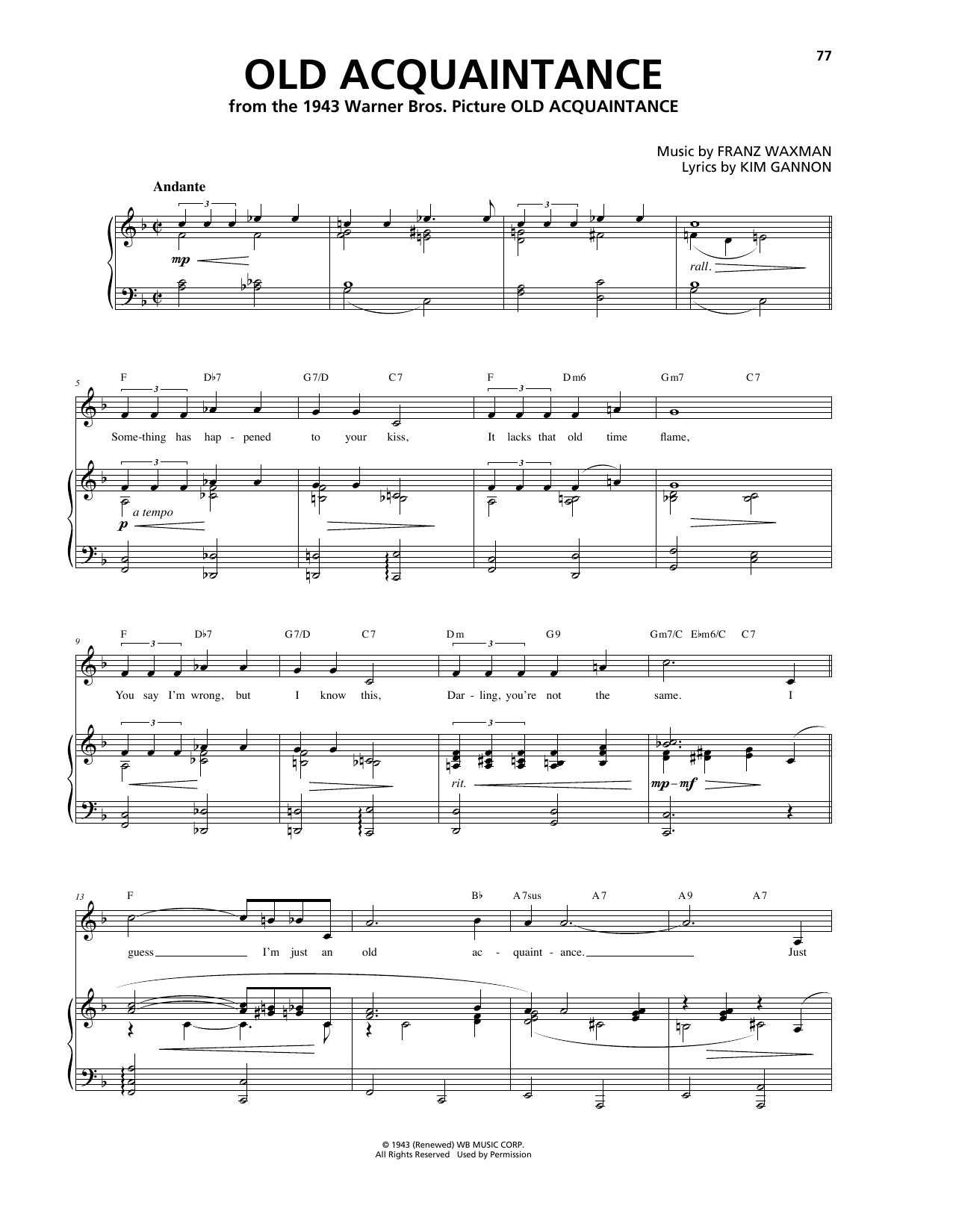 Franz Waxman Old Acquaintance sheet music notes and chords arranged for Piano, Vocal & Guitar Chords (Right-Hand Melody)