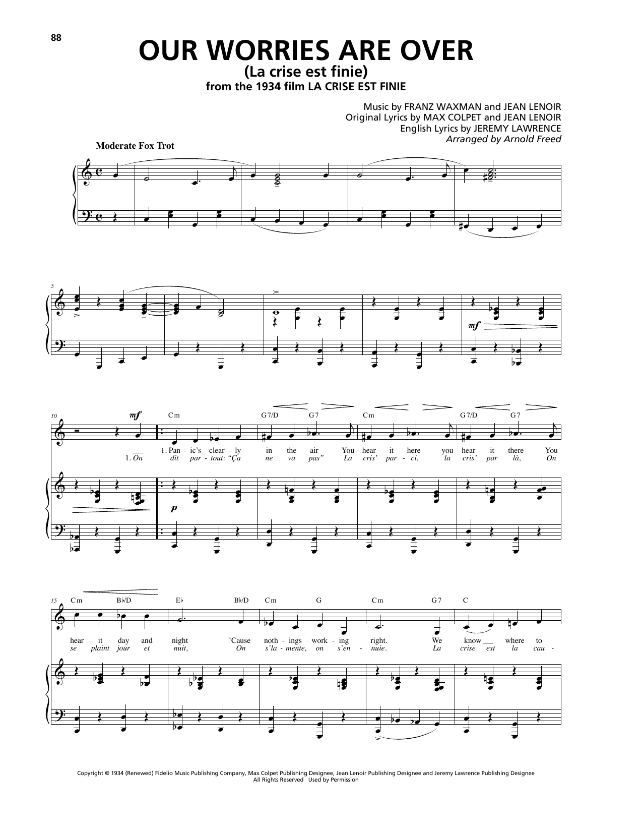 Franz Waxman Our Worries Are Over (La Crise Est Finie) sheet music notes and chords arranged for Piano, Vocal & Guitar Chords (Right-Hand Melody)