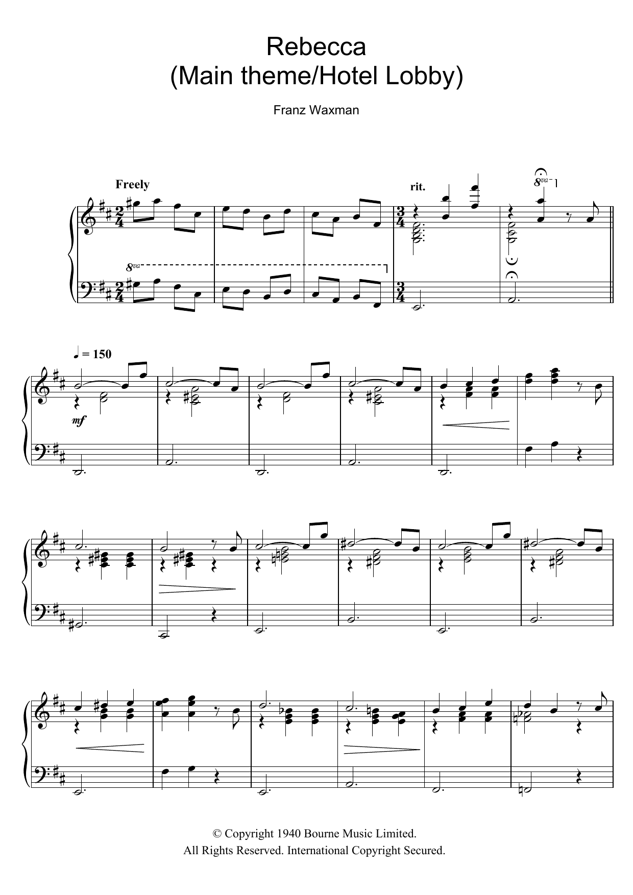 Franz Waxman Rebecca (Main Theme/Hotel Lobby) sheet music notes and chords arranged for Piano Solo